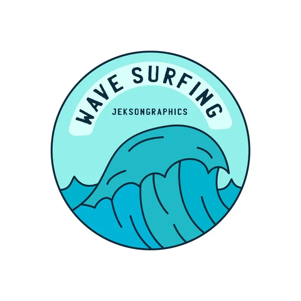 illustration of round shaped logo of blue sea and sky with inscription Wave Surfing