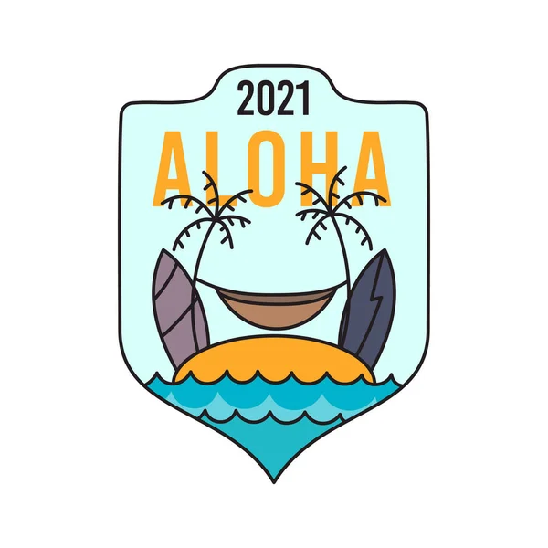 design of logo of surfboards and hammock between palm trees on sandy beach near sea in summer with inscription Aloha 2021