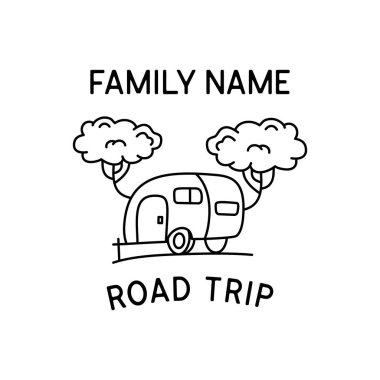 Family Camping line art logo design. Vintage adventure linear badge design. Outdoor crest label with RV trailer. Travel silhouette emblem isolated. Stock isolated.