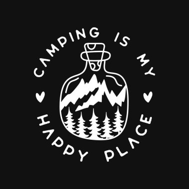 Camping silhouette line art logo design. Vintage adventure linear badge design. Outdoor crest label with mountains inside the jar. Travel emblem isolated. Stock isolated.
