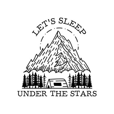 Camping adventure badge design. Outdoor crest logo with mountains and trees. Travel silhouette label isolated. Sacred geometry. Stock tattoo graphics label