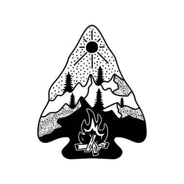 Camping adventure badge design. Outdoor crest logo with campfire and trees. Travel silhouette label isolated. Sacred geometry. Stock tattoo graphics label.