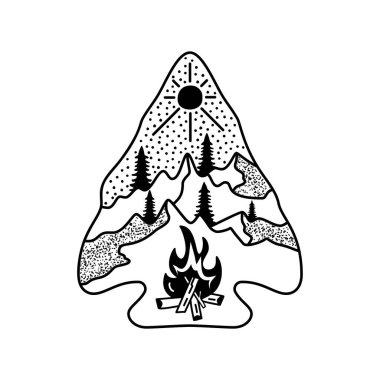 Camping adventure badge design. Outdoor crest logo with campfire and hiking landscape. Travel silhouette label isolated. Sacred geometry. Stock tattoo graphics label.