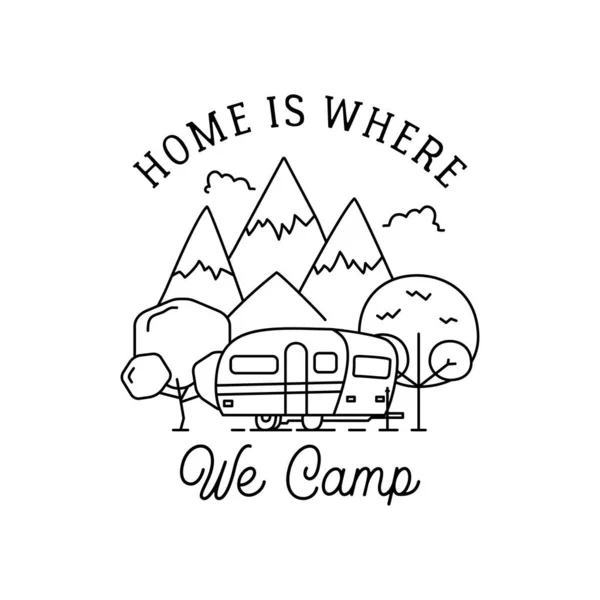 Camping line art logo design. Vintage adventure linear badge design. Outdoor crest label with mountains, text and RV trailer. Travel silhouette emblem isolated. Stock isolated.