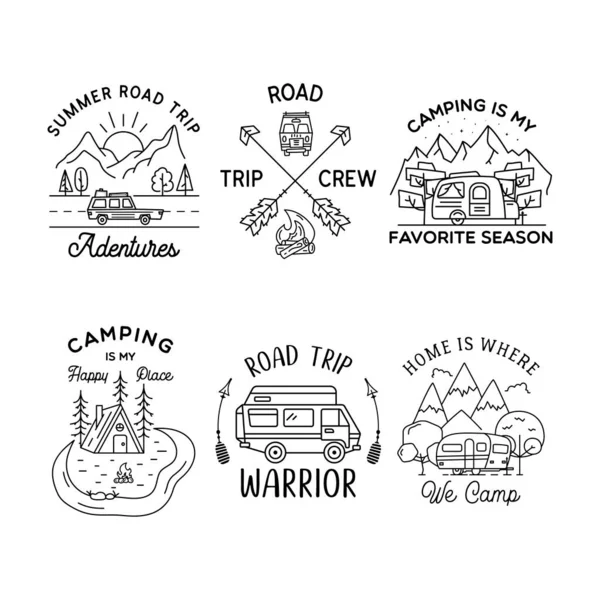 Camping Line Art Logo Designs Set Vintage Adventure Linear Badges — Stockfoto