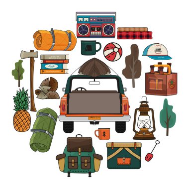 Camping adventure clipart set in round style. Summer hiking and outdoors collection with camp car, backpack, axe, beer and other elements. Stock vector objects isolated.