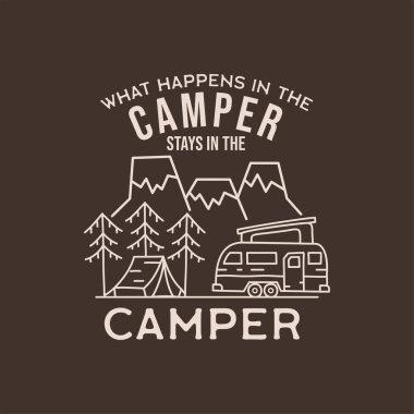 Camping adventure badge design in line art style. Summer outdoors t shirt graphics with quote - Camper. Stock vector logo label.