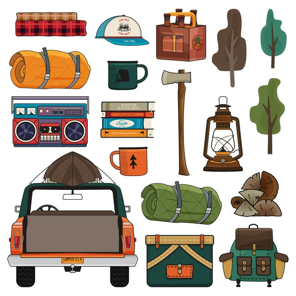 Camping Adventure Clipart Set Summer Hiking Outdoors Collection Camp Car — 스톡 벡터