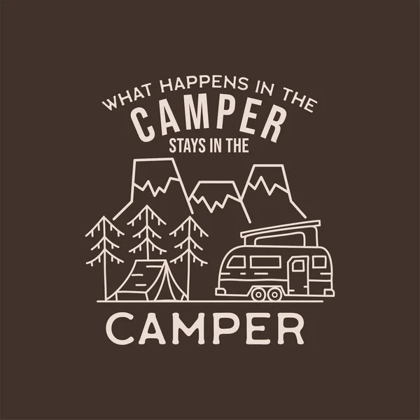 Camping Adventure Badge Design Line Art Style Summer Outdoors Shirt — Stockvektor