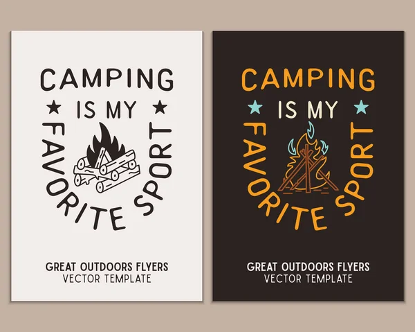 Camping Flyer Templates Travel Adventure Posters Set Line Art Flat — Stok Vektör