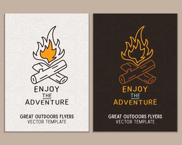 Camping Flyer Templates Travel Adventure Posters Set Line Art Flat — Wektor stockowy