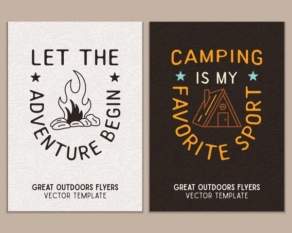 Camping Flyer Templates Travel Adventure Posters Set Line Art Flat — Stockvector