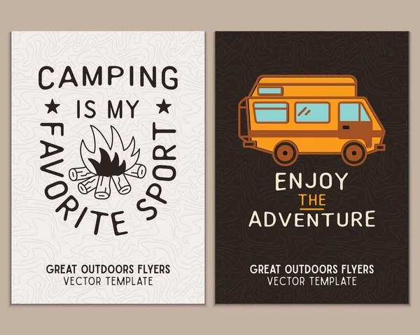 Camping Flyer Templates Travel Adventure Posters Set Line Art Flat — Stok Vektör