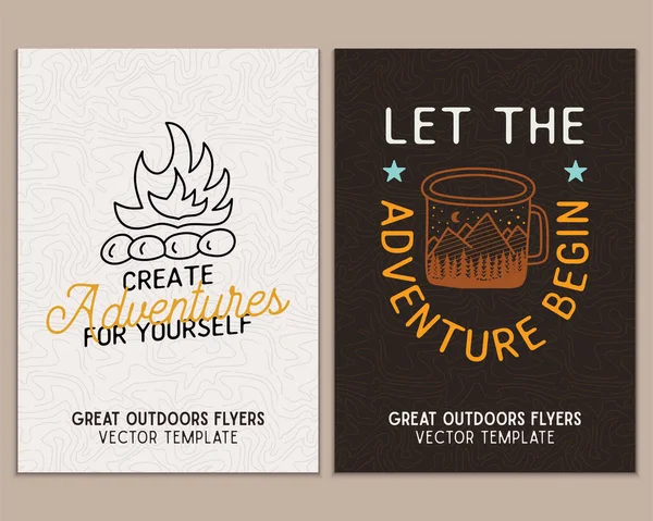 Camping Flyer Templates Travel Adventure Posters Set Line Art Flat — Stock vektor