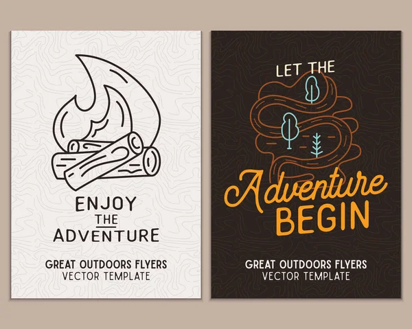 Camping Flyer Templates Travel Adventure Posters Set Line Art Flat — Stock vektor