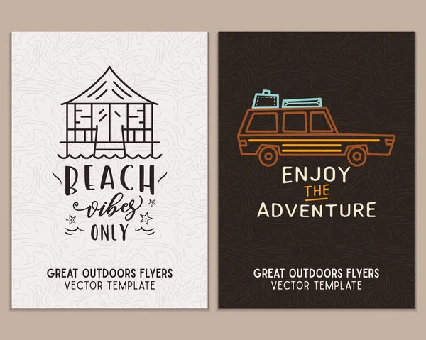 Camping Flyer Templates Travel Adventure Posters Set Line Art Flat — Stok Vektör