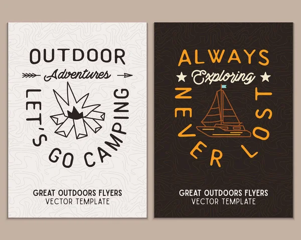 Camping Flyer Templates Travel Adventure Posters Set Line Art Flat — Stok Vektör