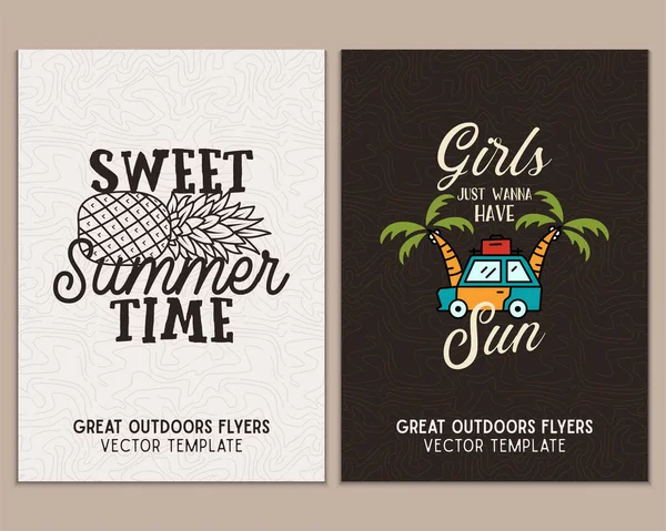 Camping Flyer Templates Travel Adventure Posters Set Line Art Flat — Stock vektor