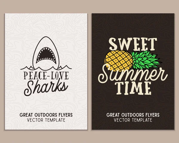 Camping Flyer Templates Travel Adventure Posters Set Line Art Flat — Wektor stockowy