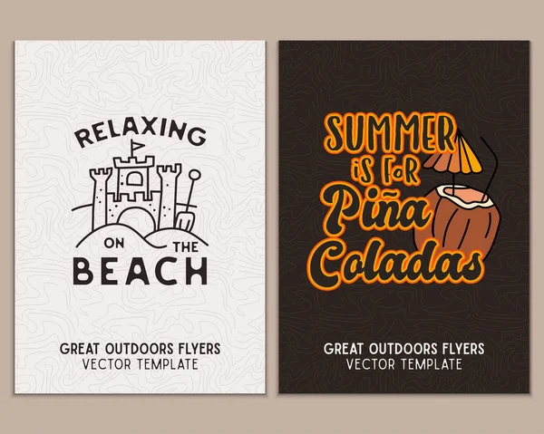 Camping Flyer Templates Travel Adventure Posters Set Line Art Flat — Stock vektor