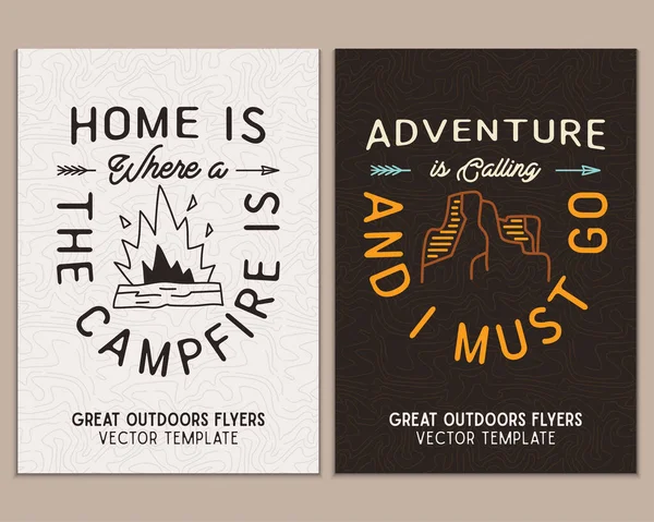 Camping Flyer Templates Travel Adventure Posters Set Line Art Flat — Stock Vector