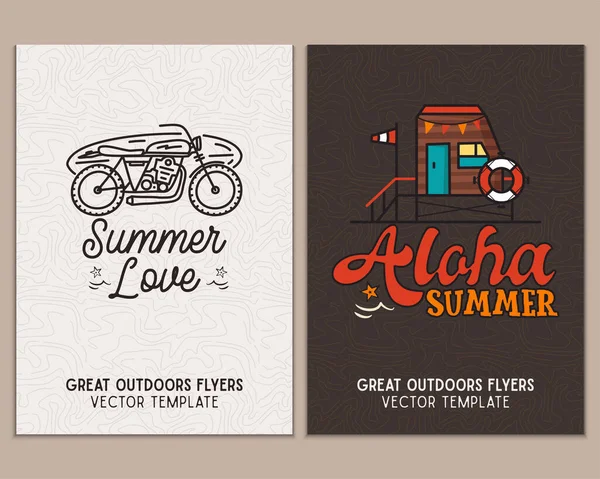 Camping Flyer Templates Travel Adventure Posters Set Line Art Flat — Stock vektor
