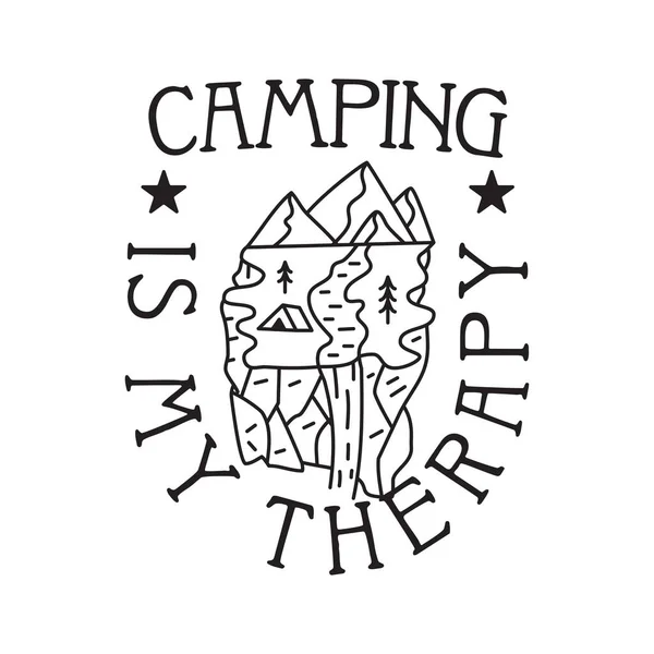 Camping Shirt Design Minimalist Line Art Style Quote Camp Therapy — Stockvektor
