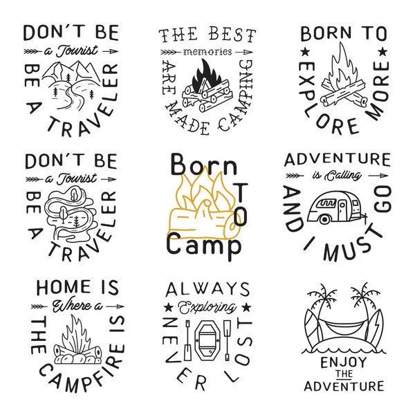 Camping Badges Set Minimalist Line Art Style Different Quotes Travel — Vector de stock