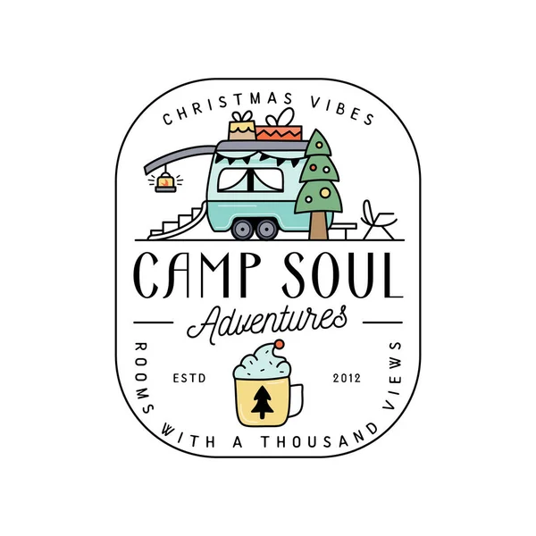 Camping Christmas Badge Design Trailer Line Art Colorful Style Quote — Stock Vector