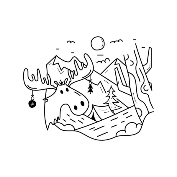 圣诞系列野营的圣诞系列图标 节日快乐的象征和元素 储存冬季病媒 有麋鹿的山地帐篷景观 — 图库矢量图片