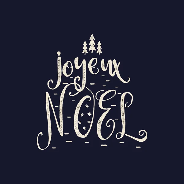Merry Christmas lettering design on dark background. Holidays quote - Joyeux Noel. Stock Christmas typography and calligraphy arts for t-shirt printing.