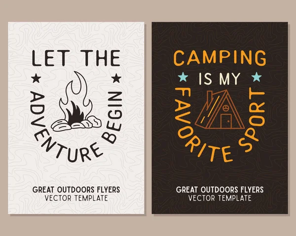 Sjablonen Voor Campingflyers Reisavontuur Posters Gezet Met Lijn Kunst Platte — Stockfoto