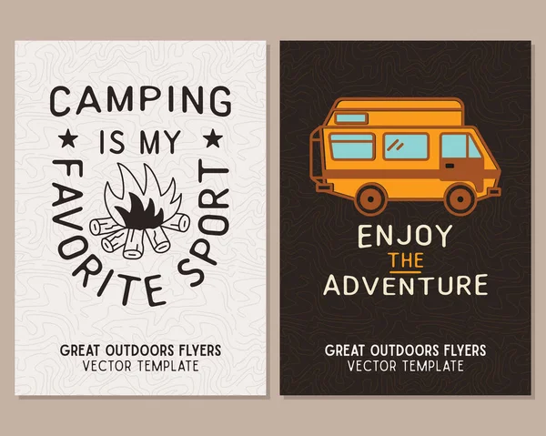 Plantillas Folleto Camping Carteles Aventura Viaje Con Arte Línea Emblemas —  Fotos de Stock