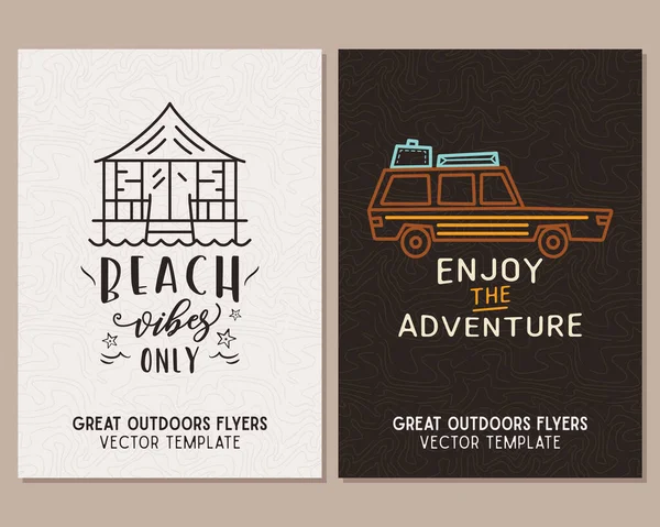 チラシのテンプレートをキャンプ ラインアートとフラットエンブレムと引用符で設定された旅行冒険のポスター 夏をお楽しみください 屋外パーティーのための夏のA4カード — ストック写真