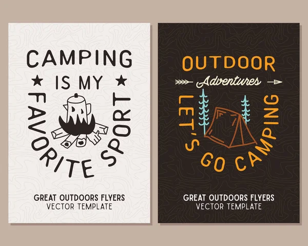 Camping Flyer Templates Travel Adventure Posters Set Line Art Flat — Stock Photo, Image