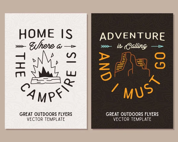 Camping Flyer Templates Travel Adventure Posters Set Line Art Flat — Stock Photo, Image