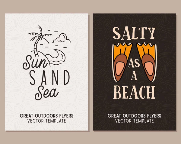 チラシのテンプレートをキャンプ ラインアートとフラットエンブレムと引用符で設定された旅行冒険のポスター ビーチとして塩辛い 屋外パーティーのための夏のA4カード — ストック写真
