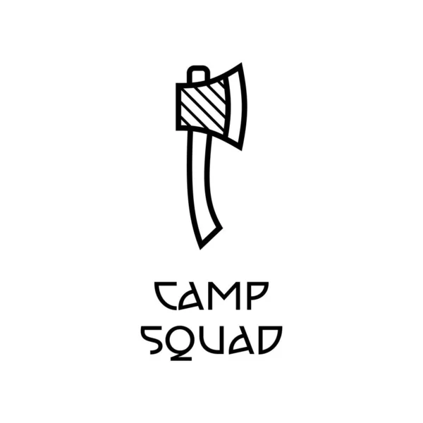 白の背景にシンプルなハチェットアイコンとキャンプ隊テキストのフラットスタイルのイラスト — ストック写真