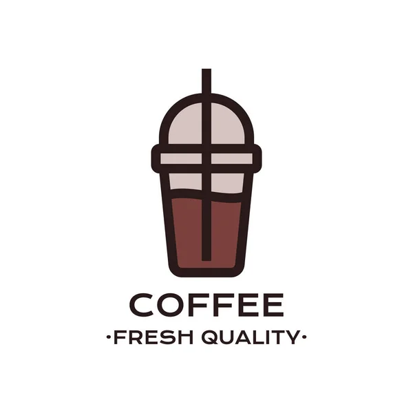 illustration of plastic cup with cold beverage and straw against white background above Coffee Fresh Quality inscriptions