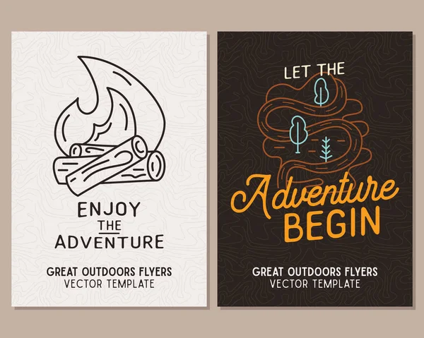 Camping Flyer Templates Travel Adventure Posters Set Line Art Flat — Stok Vektör