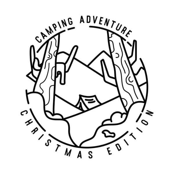 ラインアートスタイルで冬の風景と山のキャンプクリスマスのバッジデザインと引用キャンプの冒険クリスマス版 旅行ロゴグラフィック ストックベクトルラベル — ストックベクタ