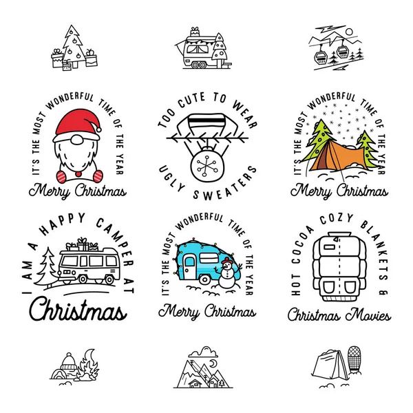 Camping Hiking Christmas Badges Set Line Art Style Travel Shirt — Stock Vector