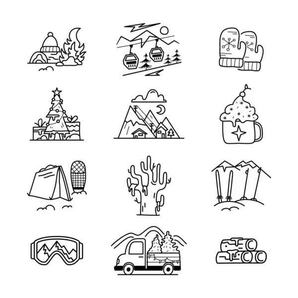 圣诞露营的图标和元素的线条艺术风格 轮廓旅行符号象征着帐篷 圣诞树 礼品盒 存量矢量图形 — 图库矢量图片