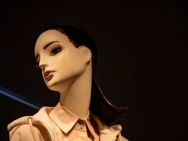 Moda elbiseli gri bir kadın manken.