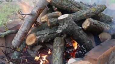 Kükreyen ateş, odun kütüklerinden çıkan bulanık alevlerle taştan bir ateşle