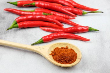Tahta kaşıkta kırmızı biber. Arka planda acı biber kabukları var. Baharatlı yemekler için baharat.