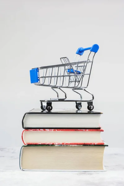 ショッピングカートの垂直画像は本の山の上に立っています 紙本の販売 教育文献の購入 教育のための印刷物のコンセプト 上のテキストのスペース — ストック写真
