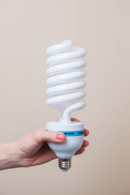 Bir kadın eli büyük bir enerji tasarrufu lambası tutar. Enerji tasarrufu kavramı, çevre dostu yaşam tarzı. Ekonomik lamba kullanımı. Dikey resim