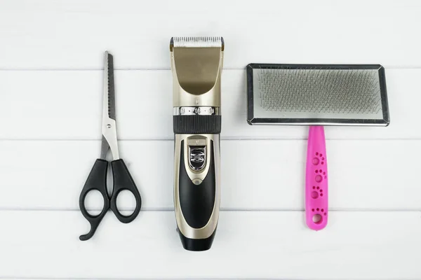 Set Tools Grooming Electric Pet Clipper Grooming Scissors Wool Brush — Stock Photo, Image
