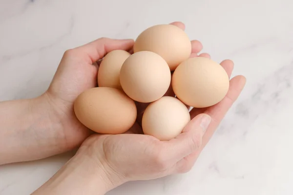 Woman Holds Large Chicken Eggs Her Palms Farm Chicken Eggs — Fotografia de Stock